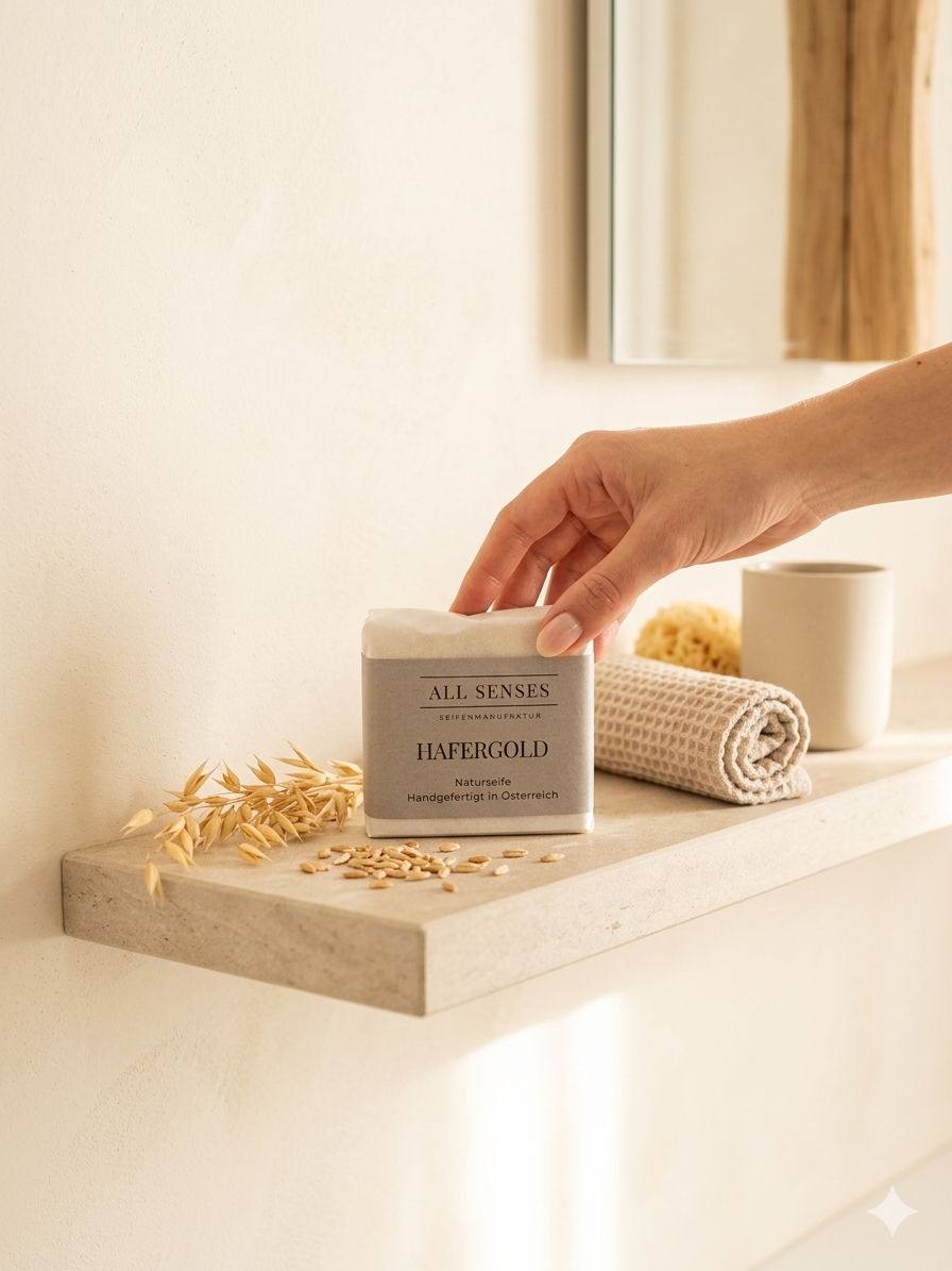 Hand greift nach verpackter Hafergold Naturseife auf einem Regal, mit Haferähren und Haferflöcken dekoriert