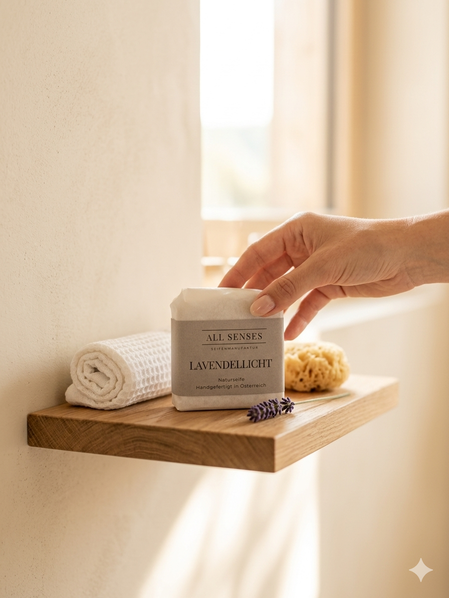 Hand greift nach verpackter Lavendellicht Naturseife auf einem Holzregal, neben Handtuch und Schwamm