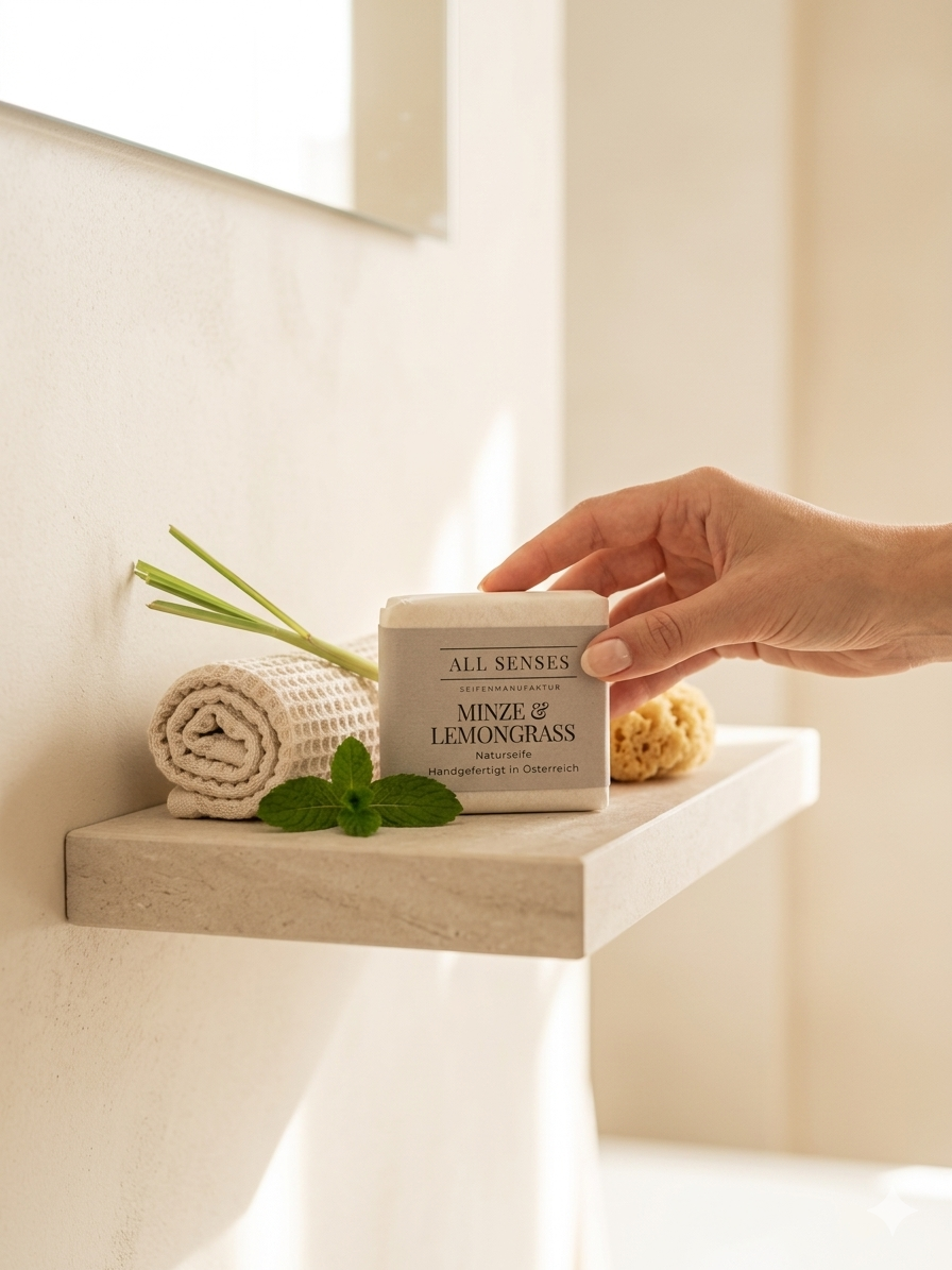Minze & Lemongrass Naturseife auf einem Marmortisch, neben einem Handtuch, Kerze und Trockenblumen