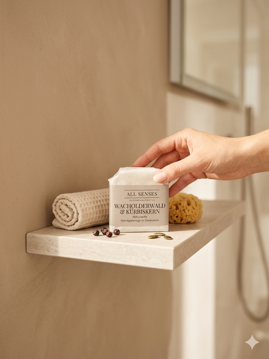 Hand greift nach verpackter Wacholderwald & Kürbiskern Naturseife auf einem Regal, mit Wacholderbeeren dekoriert