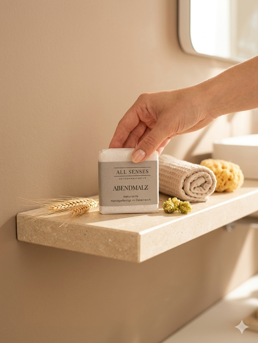 Hand greift nach verpackter Abendmalz Naturseife auf einem Regal, mit Weizenhalmen und Hopfen dekoriert
