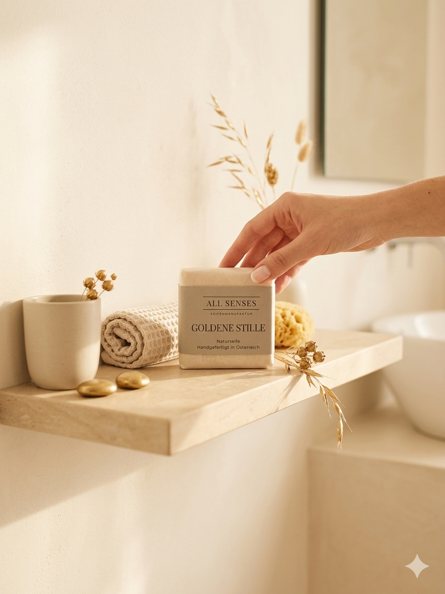 Hand greift nach verpackter Goldene Stille Naturseife auf einem Badezimmerregal, neben Handtuch, Becher und Schwamm