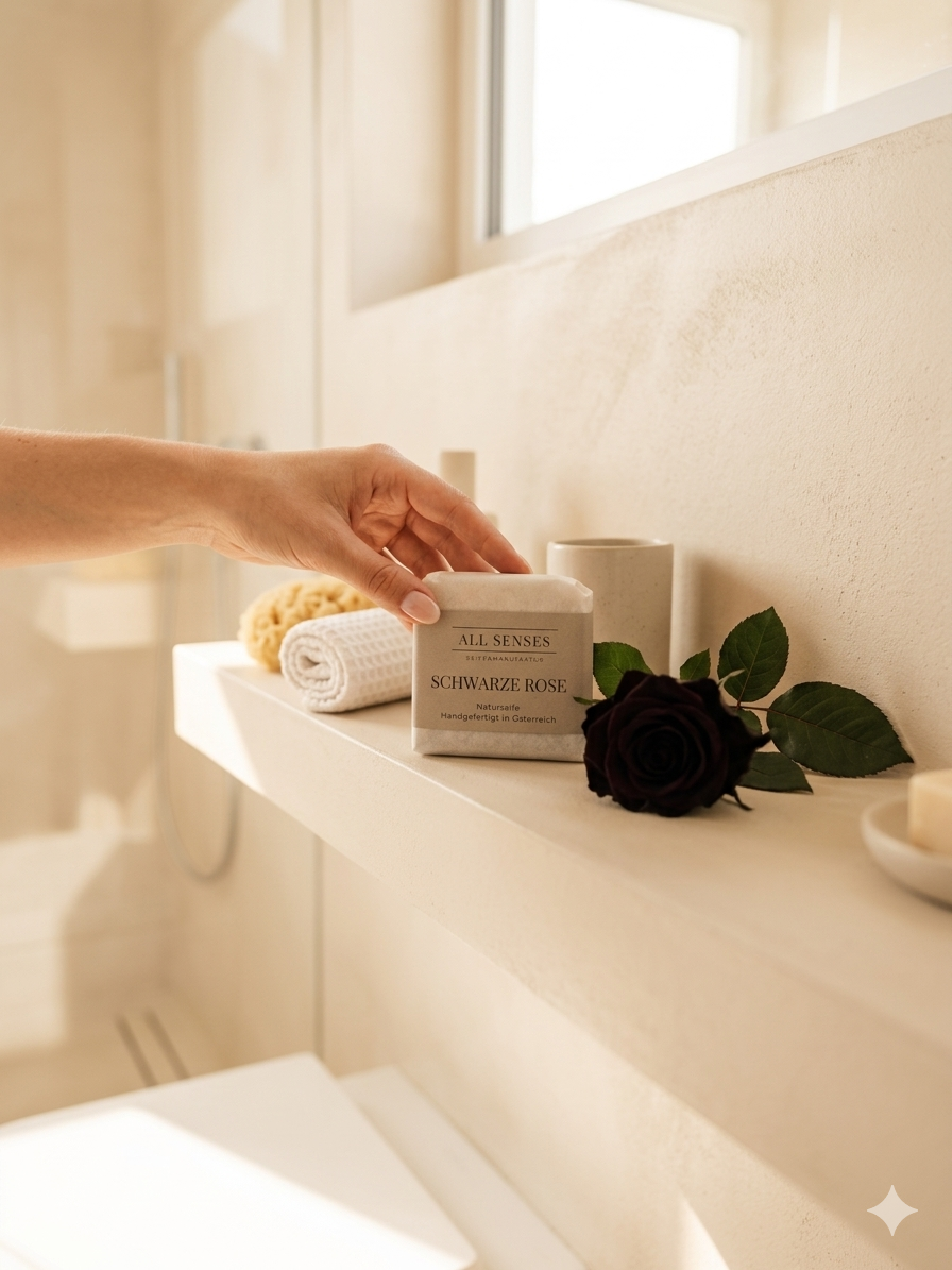 Hand greift nach verpackter Schwarze Rose Naturseife auf einem Regal, neben einer echten schwarzen Rose