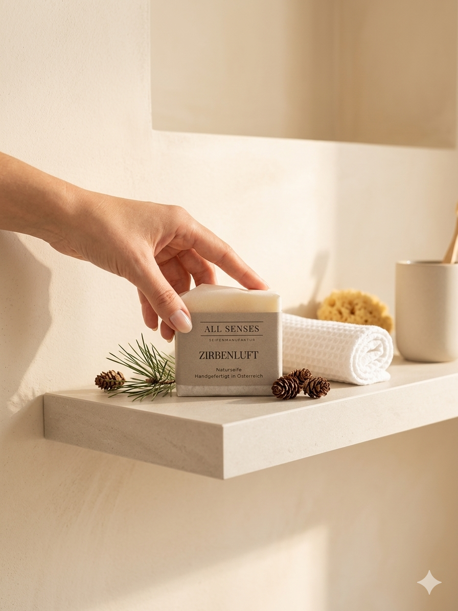 Hand greift nach verpackter Zirbenluft Naturseife auf einem Regal, mit Fichtennadeln und Tannenzapfen dekoriert