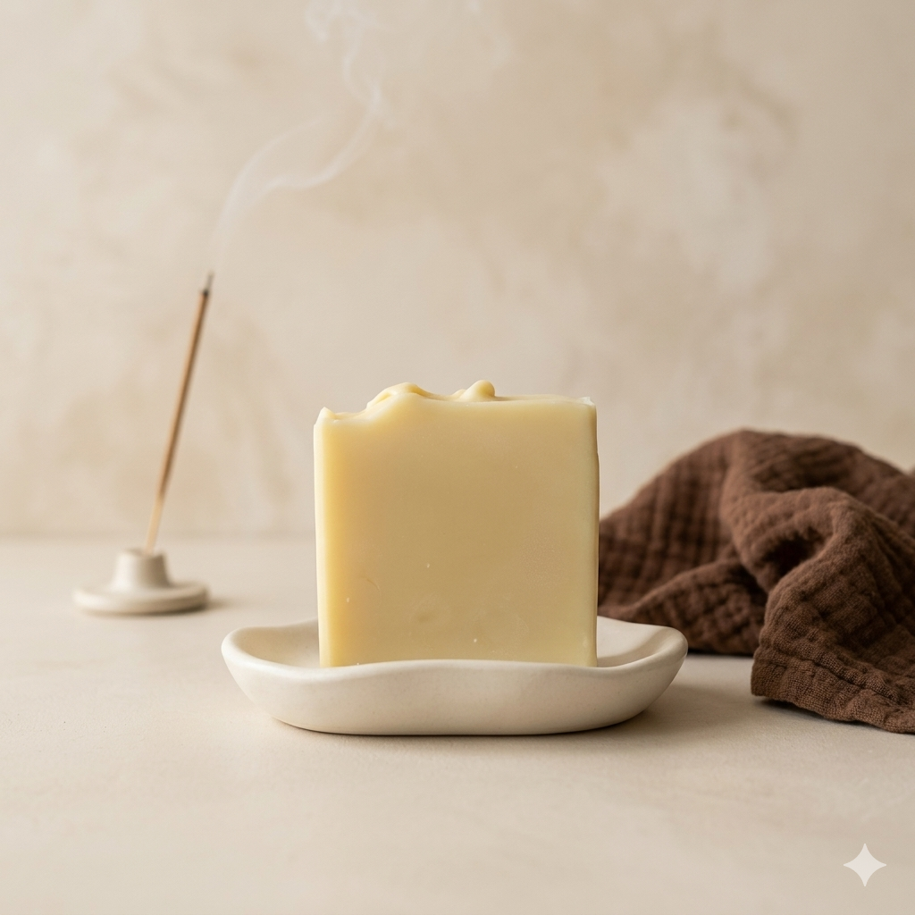 Erde & Rauch Naturseife – cremefarbene Seife auf einem Teller, neben einer Räucherpfanne und braunem Musselintuch