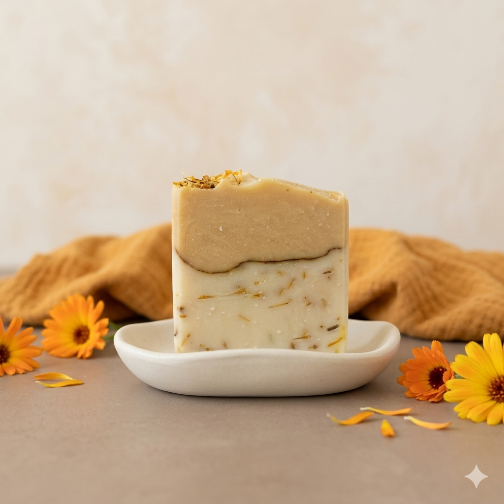 Goldene Stille Naturseife – zwei goldene Seifen aufeinandergestapelt auf einem Teller, mit Ringelblumenblüten dekoriert