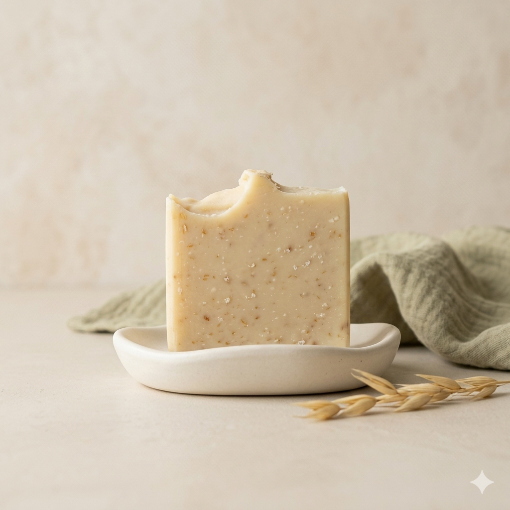 Hafergold Naturseife – cremefarbene Seife mit Haferflocken auf einem Teller, mit Haferähren dekoriert