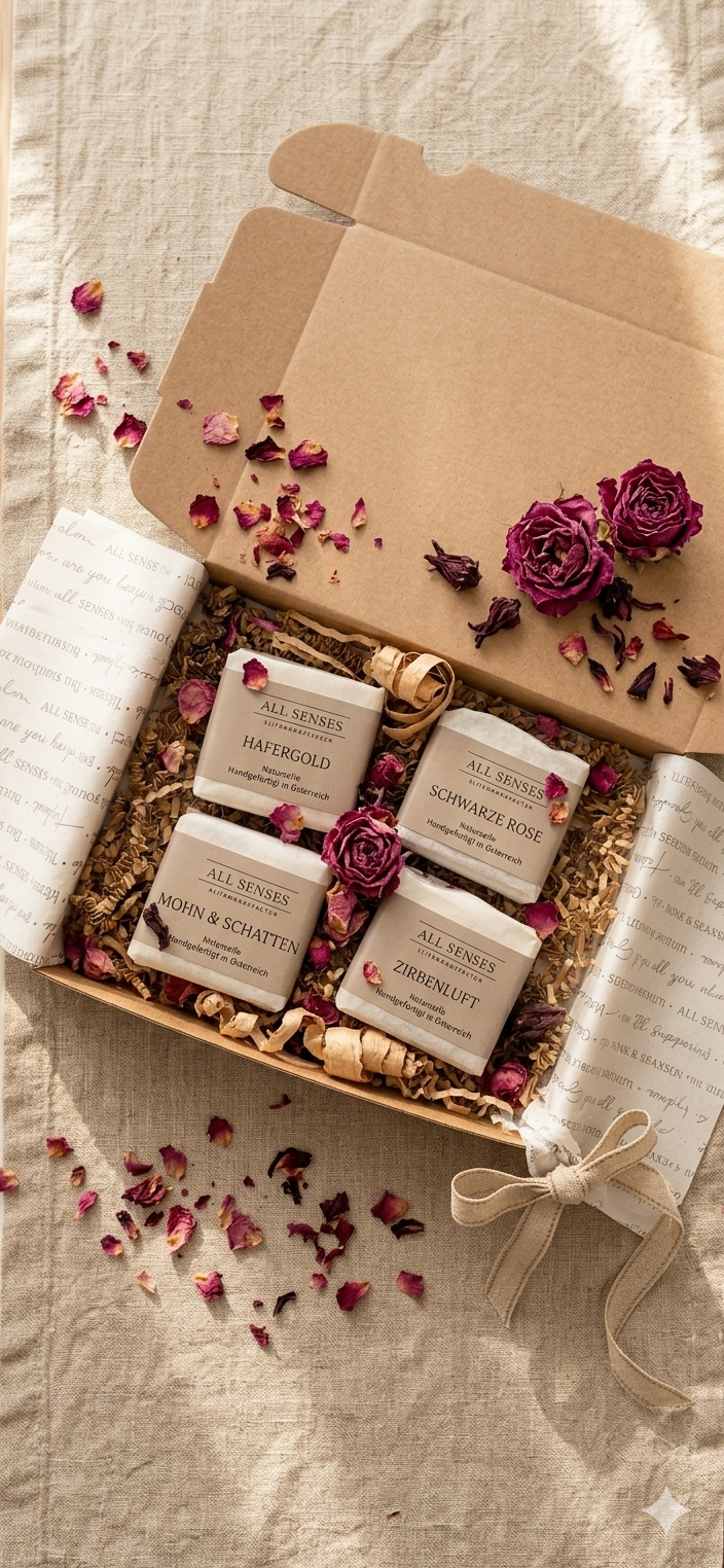 Geöffnete Launch Kollektion Geschenkbox mit vier All Senses Naturseifen (Hafergold, Schwarze Rose, Mohn & Schatten, Zirbenluft) und getrockneten Rosenblüten