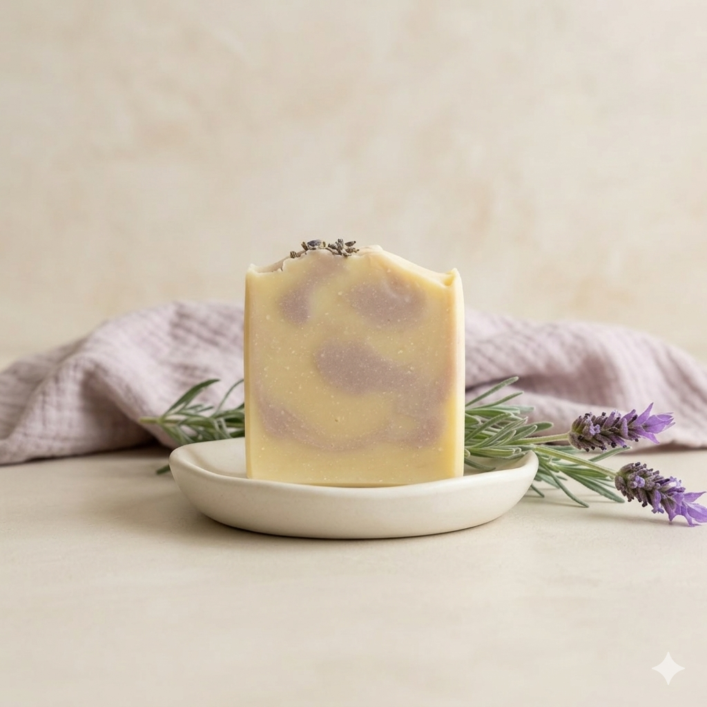 Lavendellicht Naturseife – cremefarbene Seife mit lilafarbener Marmorierung auf einem Teller, mit frischem Lavendel dekoriert