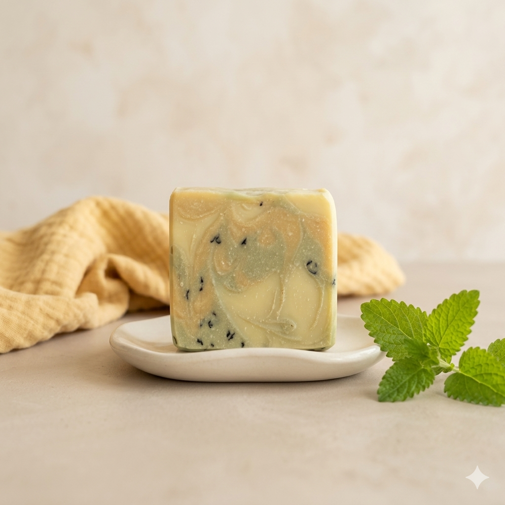 Minze & Lemongrass Naturseife – gelbgrüne dreischichtige Seife mit dunklen Punkten auf einem weissen Teller, mit frischer Minze dekoriert