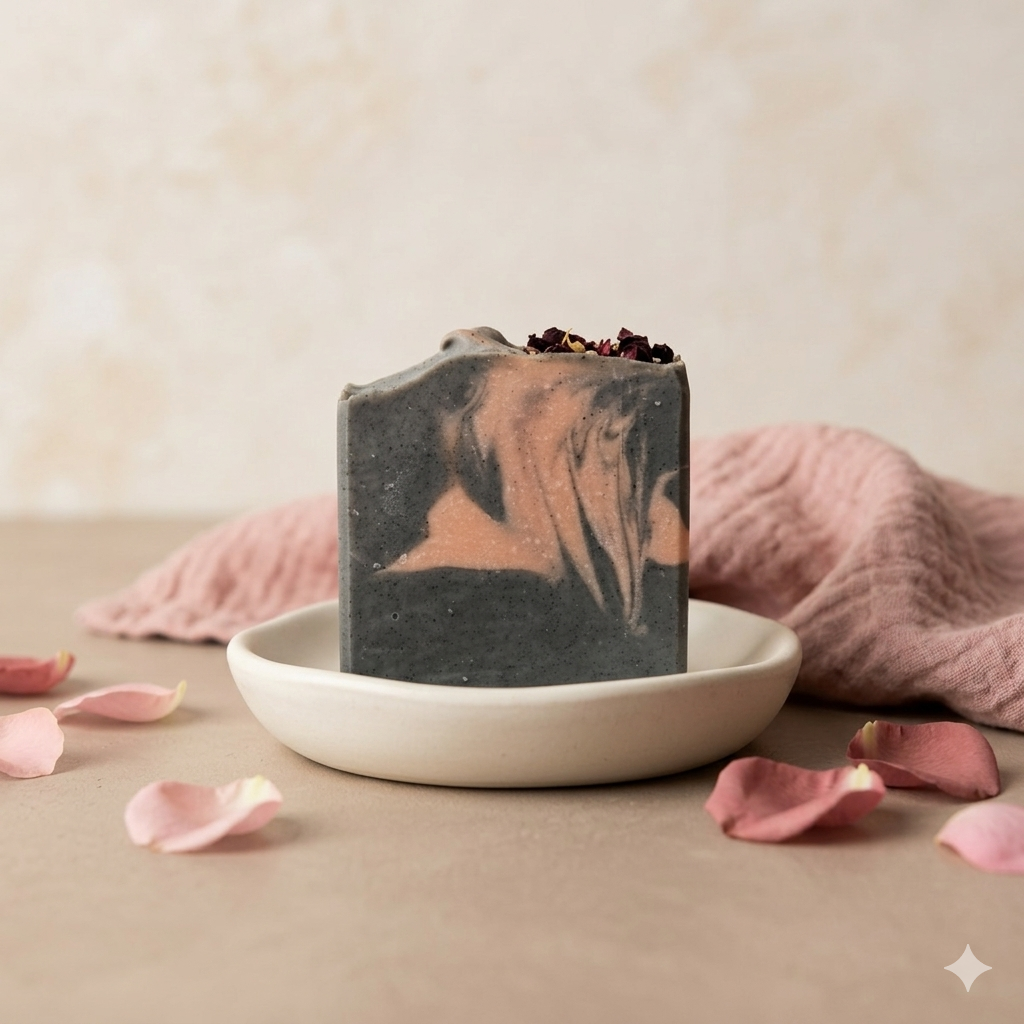 Schwarze Rose Naturseife – schwarz-rose gemarmerte Seife auf einem Teller mit Rosen- und Hibiskusblüten dekoriert, auf rosafarbenem Musselintuch