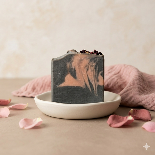 Schwarze Rose Naturseife – schwarz-rose gemarmerte Seife auf einem Teller mit Rosen- und Hibiskusblüten dekoriert, auf rosafarbenem Musselintuch